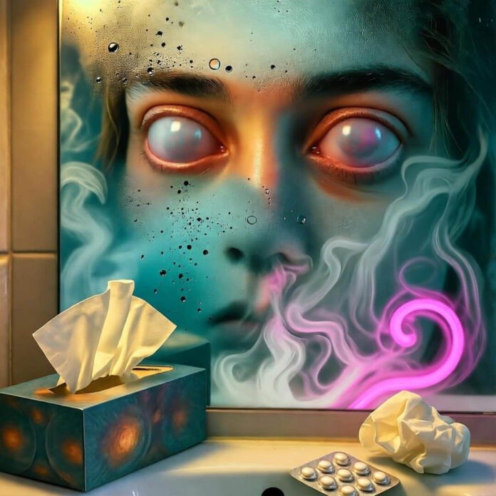 Puffy red eyes in foggy mold-streaked mirror, tissues and pills below. Puffy red eyes in foggy mold-streaked mirror, tissues and pills below.