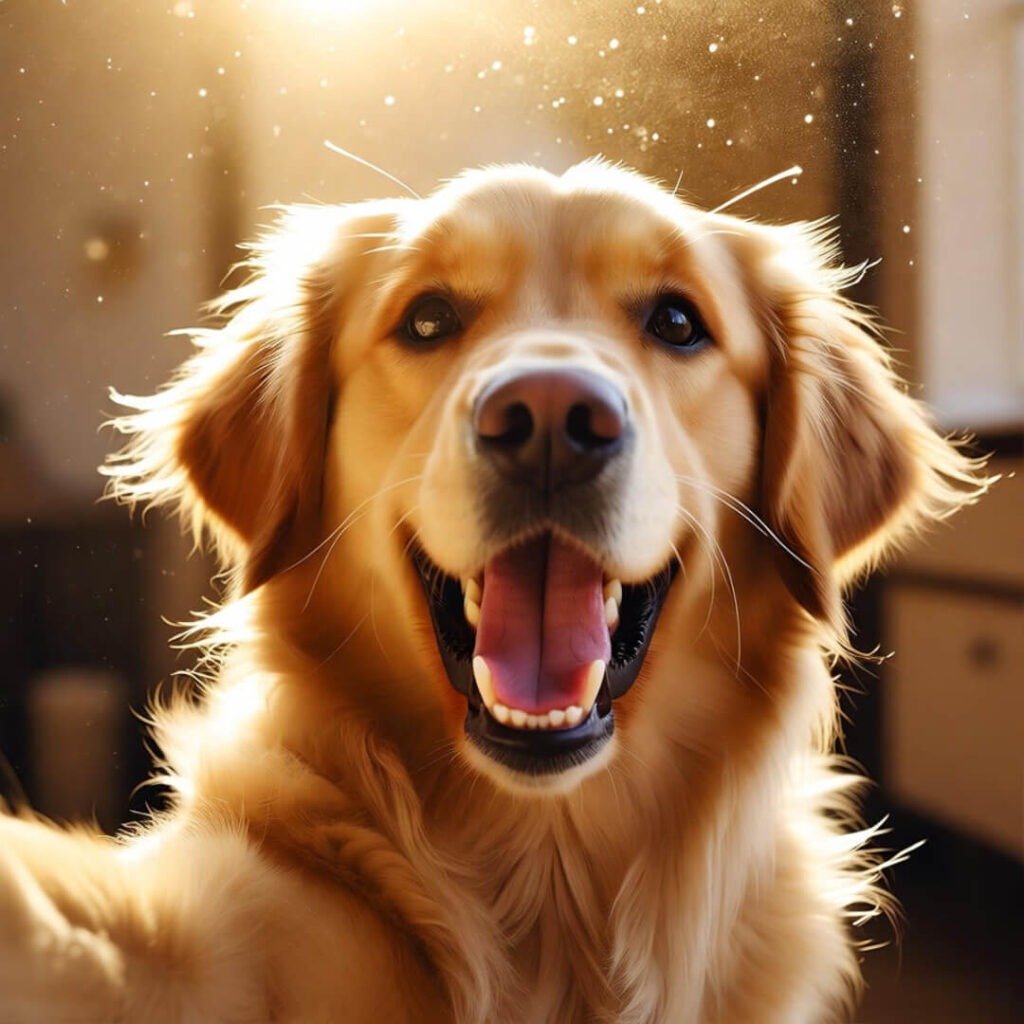 Blurry phone snap of Baxter yawning in sunbeam, dust sparkling like glitter.