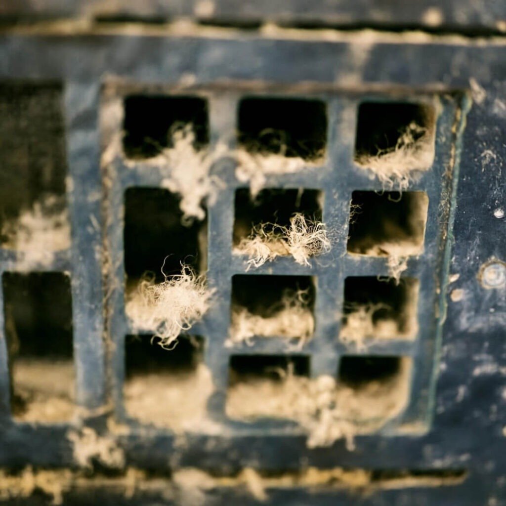 Blurry furnace vent with dust bunnies lit by phone flashlight.
