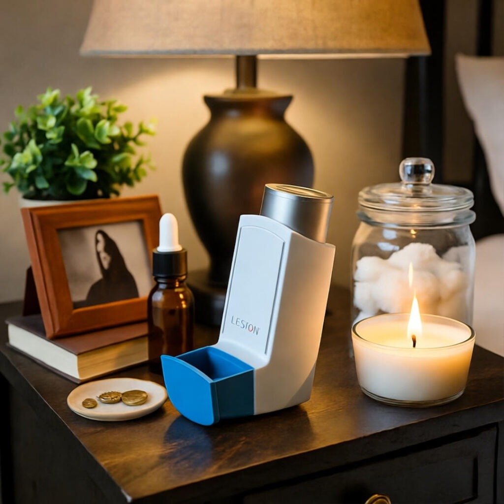 Nightstand with inhaler front and center, melted candle wax pooling, softly lit.