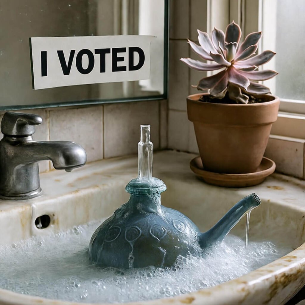 Blurry photo of person with tissues on face, empty honey jar, judging dog.