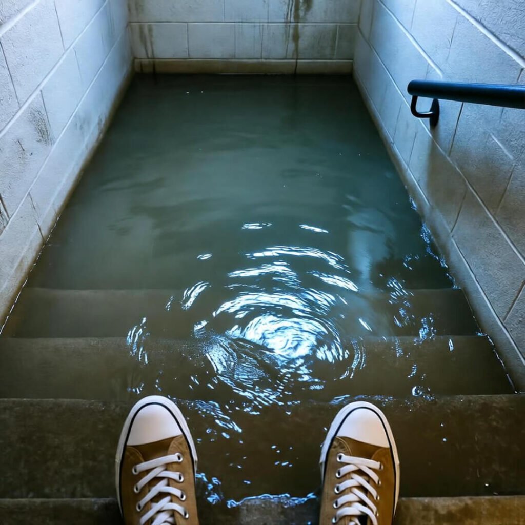 Blurry flooded basement steps with soggy sneakers, shaky panic shot.