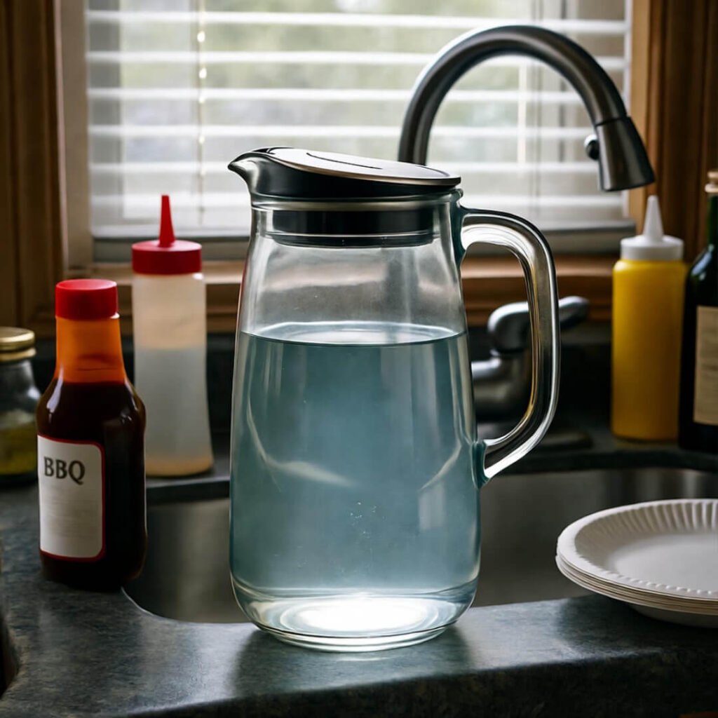 Glass pitcher of water on kitchen counter with condiments and sink.