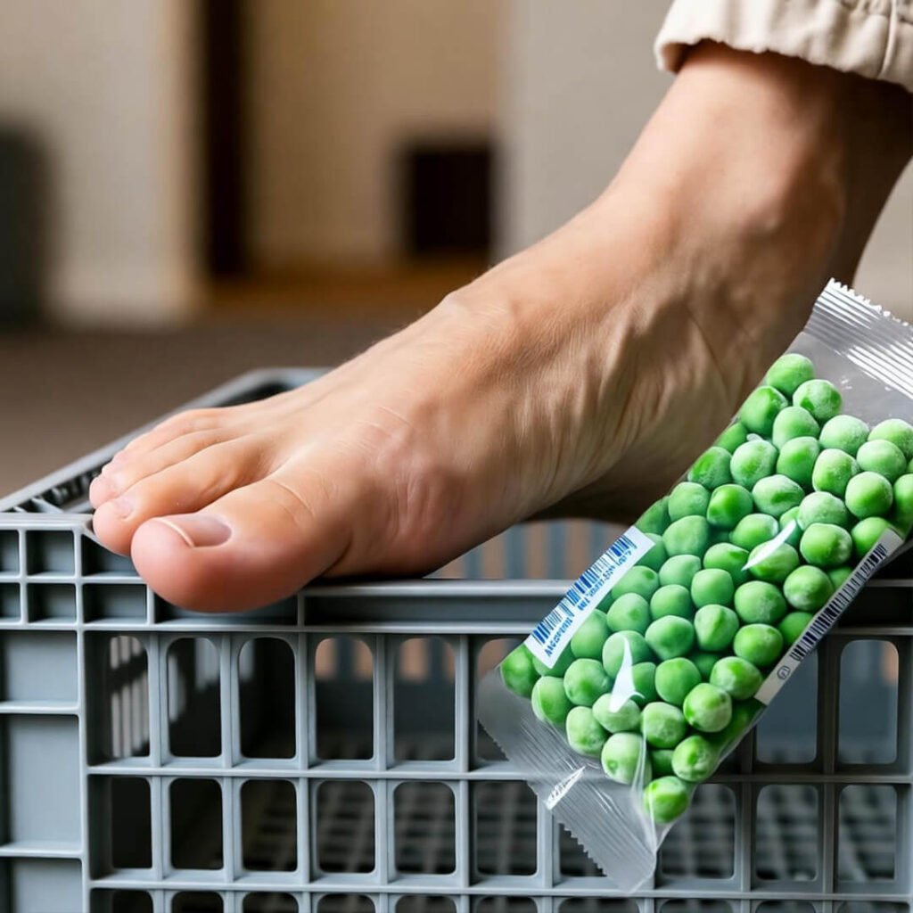 Blurry foot on milk crate, frozen peas sliding off.