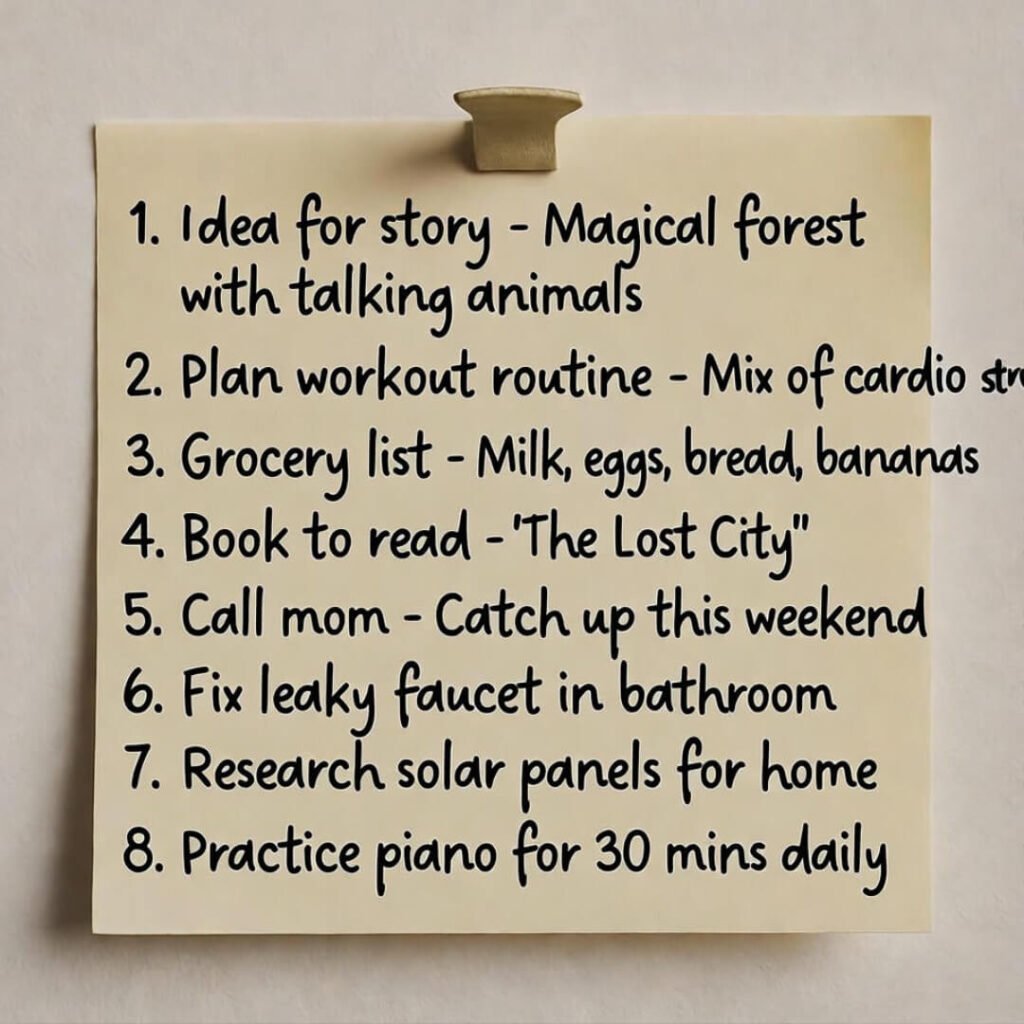 Sticky note to-do list: story ideas, workout, groceries, reading.