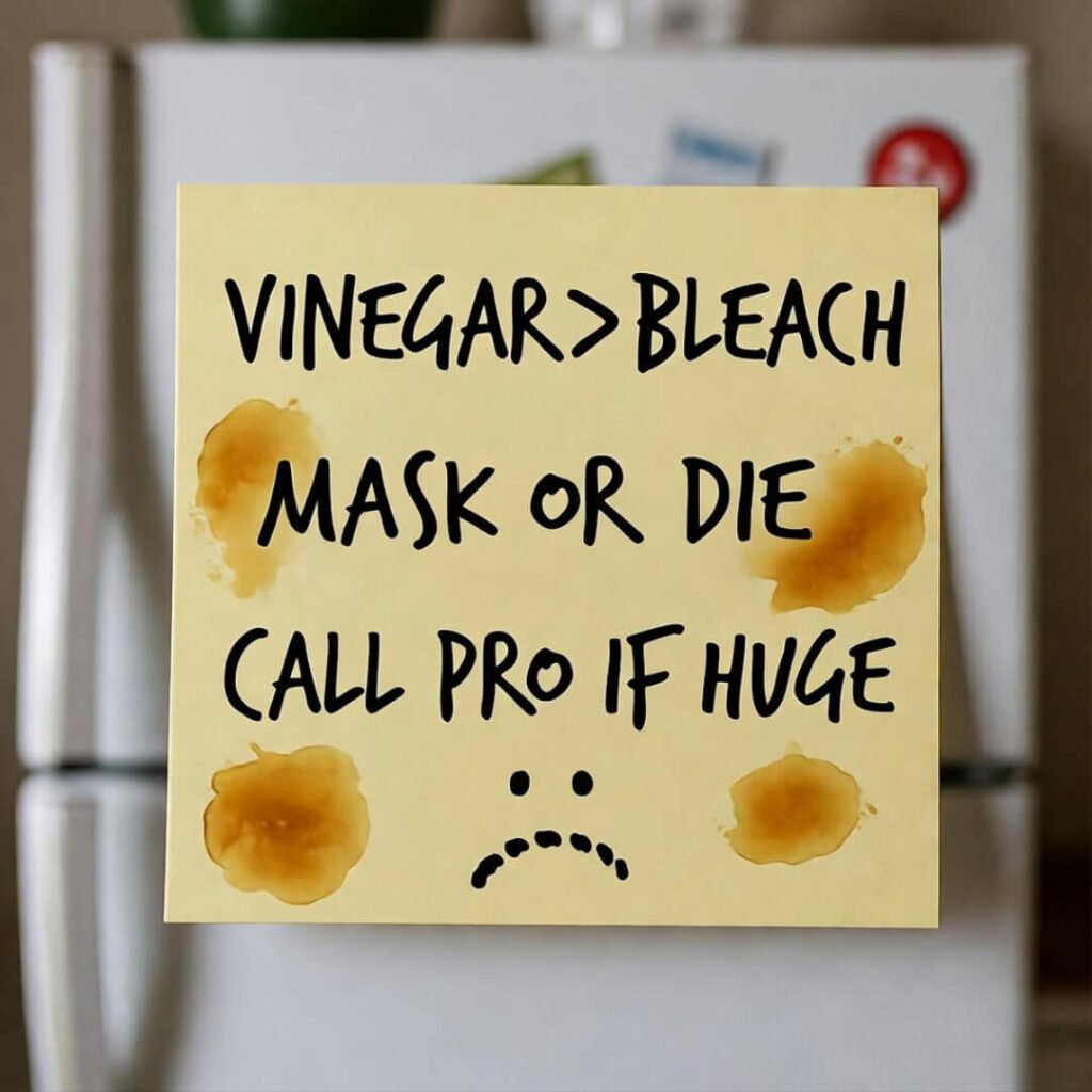 Coffee-stained Post-it on fridge: "VINEGAR > BLEACH, MASK OR DIE, CALL PRO IF HUGE" with frowny mold doodle.