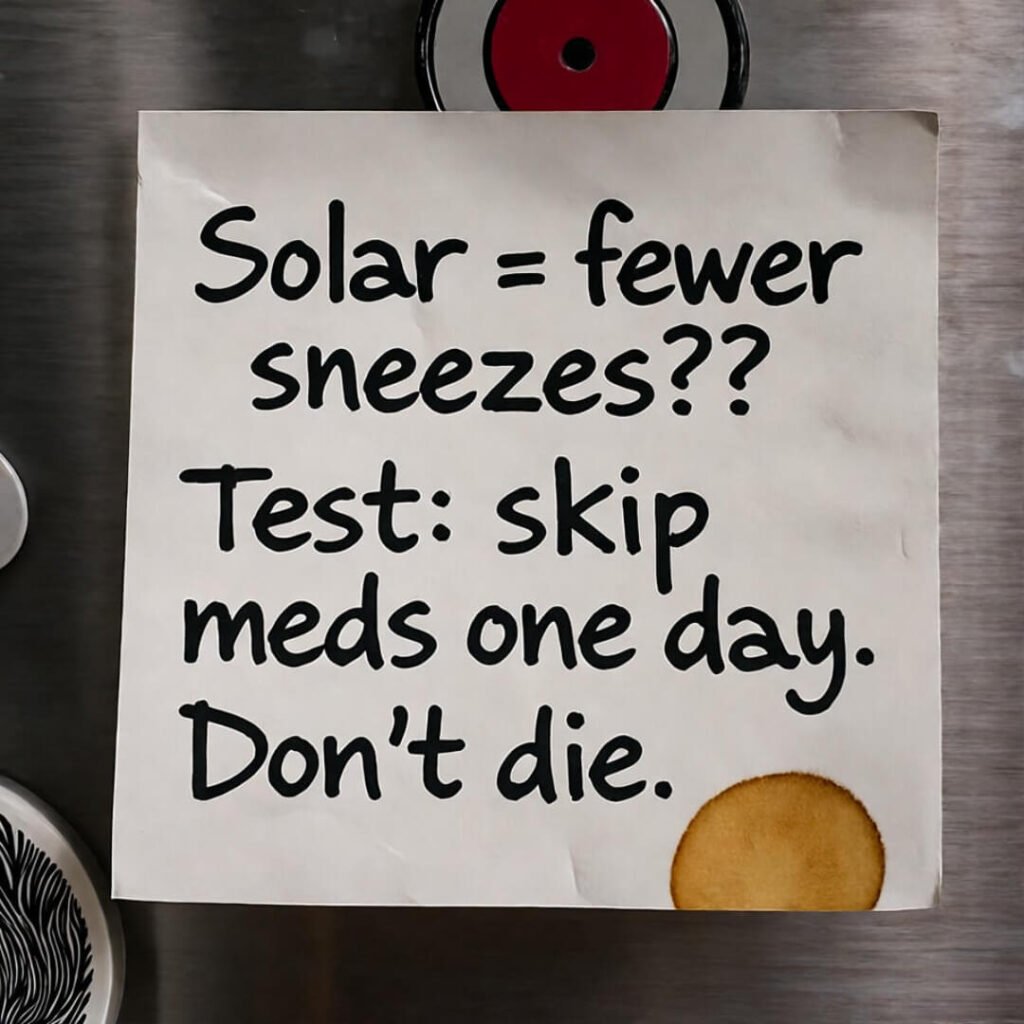 Crumpled sticky note on fridge: "Solar = fewer sneezes?? Test: skip meds. Don’t die."
