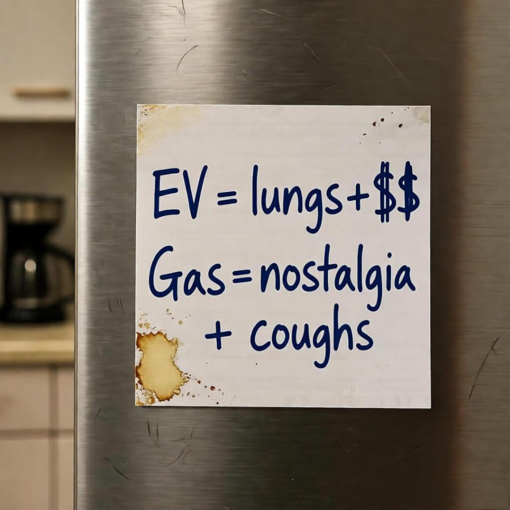Sticky note on fridge: EV = lungs + $$, Gas = nostalgia + coughs, coffee stains.