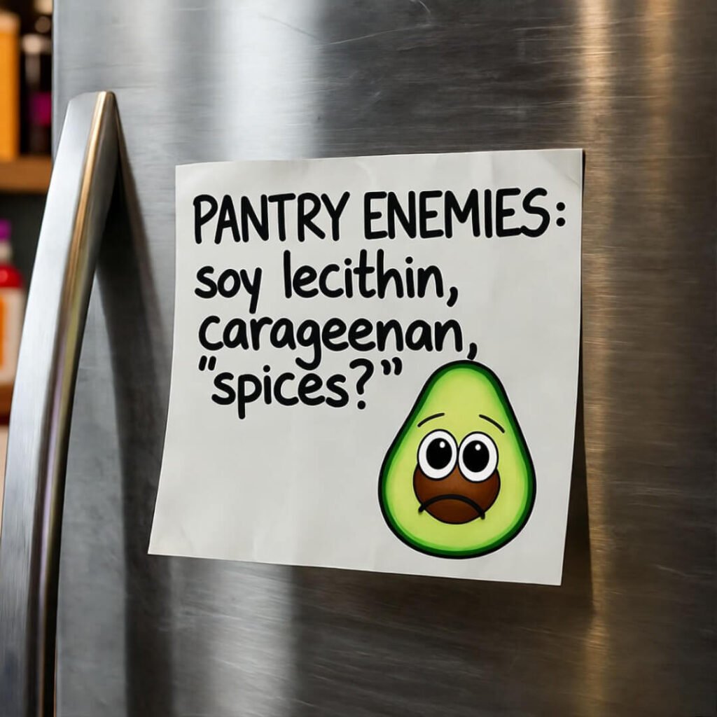 Crumpled fridge note: "PANTRY ENEMIES: soy lecithin, carageenan, 'spices??'" with sad avocado doodle.