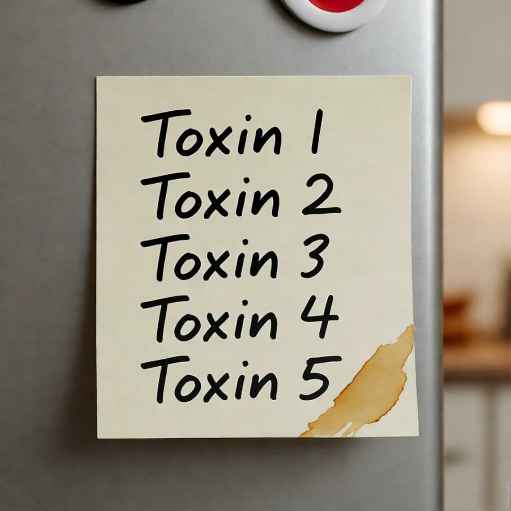 Fridge sticky note: messy "Toxin 1-5" list, coffee stain.