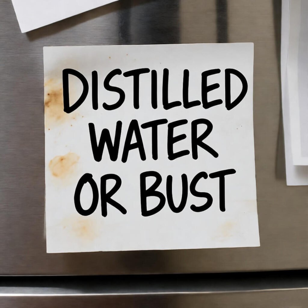 Sticky note on fridge: “DISTILLED WATER OR BUST” in Sharpie, coffee-stained.