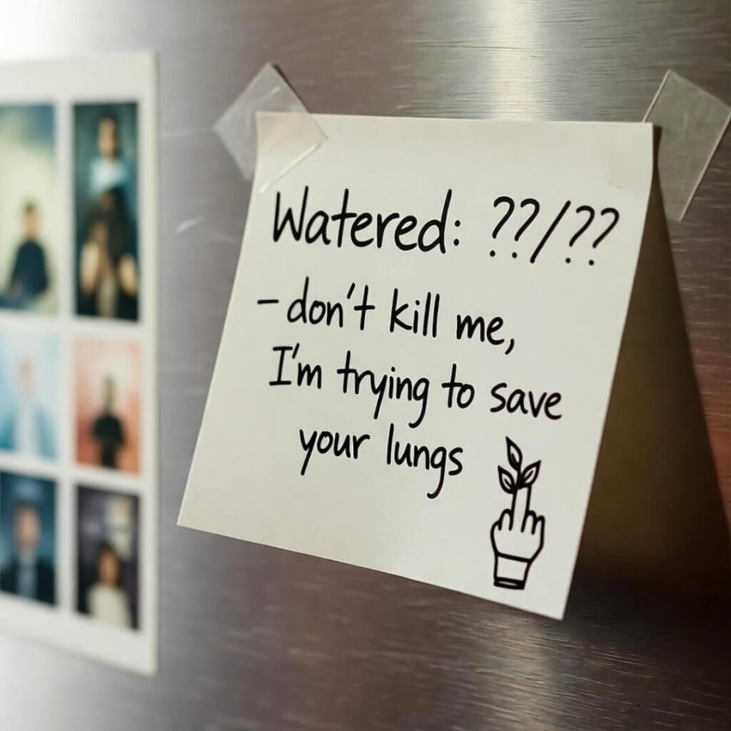 Crumpled Post-it on fridge: "Watered: ??/?? – don’t kill me," plant flips bird.