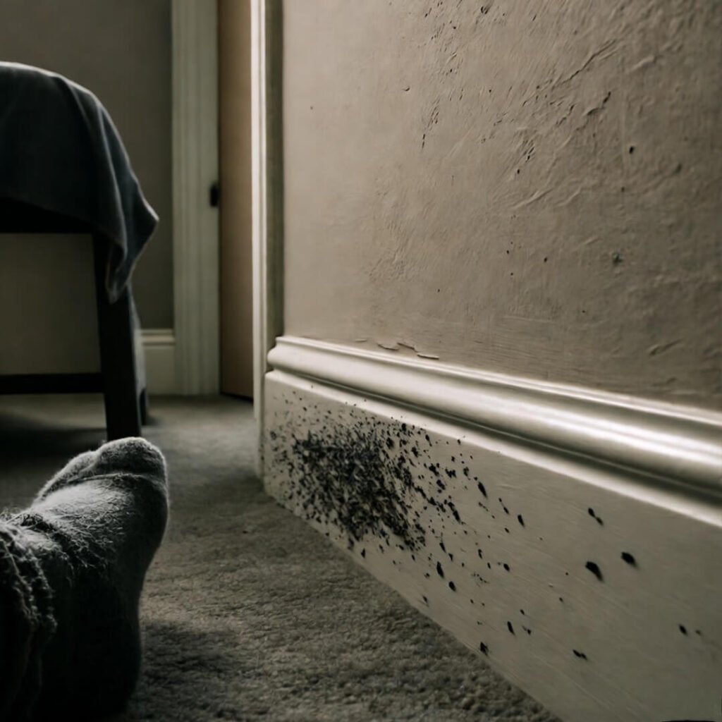 Foot in sock near wall with black splatter on baseboard.