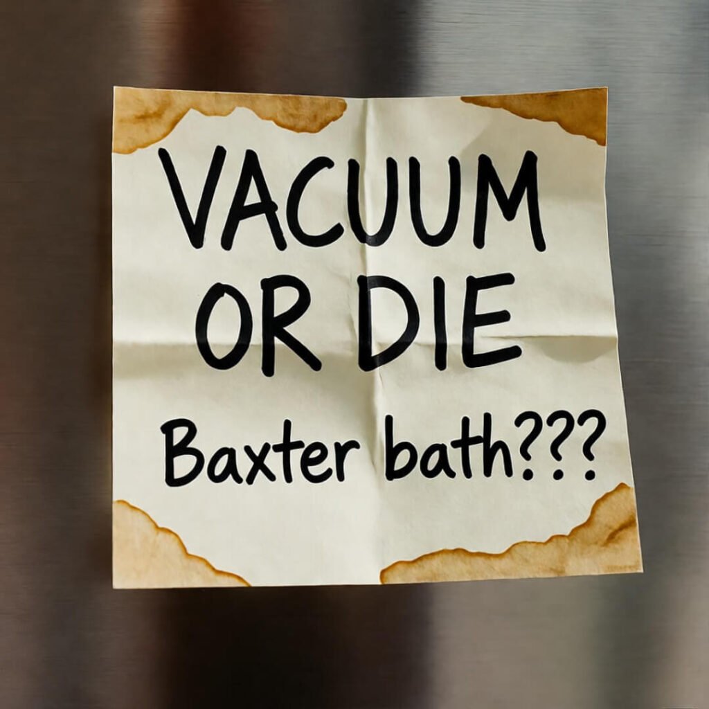 Crumpled sticky note on fridge: “VACUUM OR DIE” and “Baxter bath???” with coffee stains.