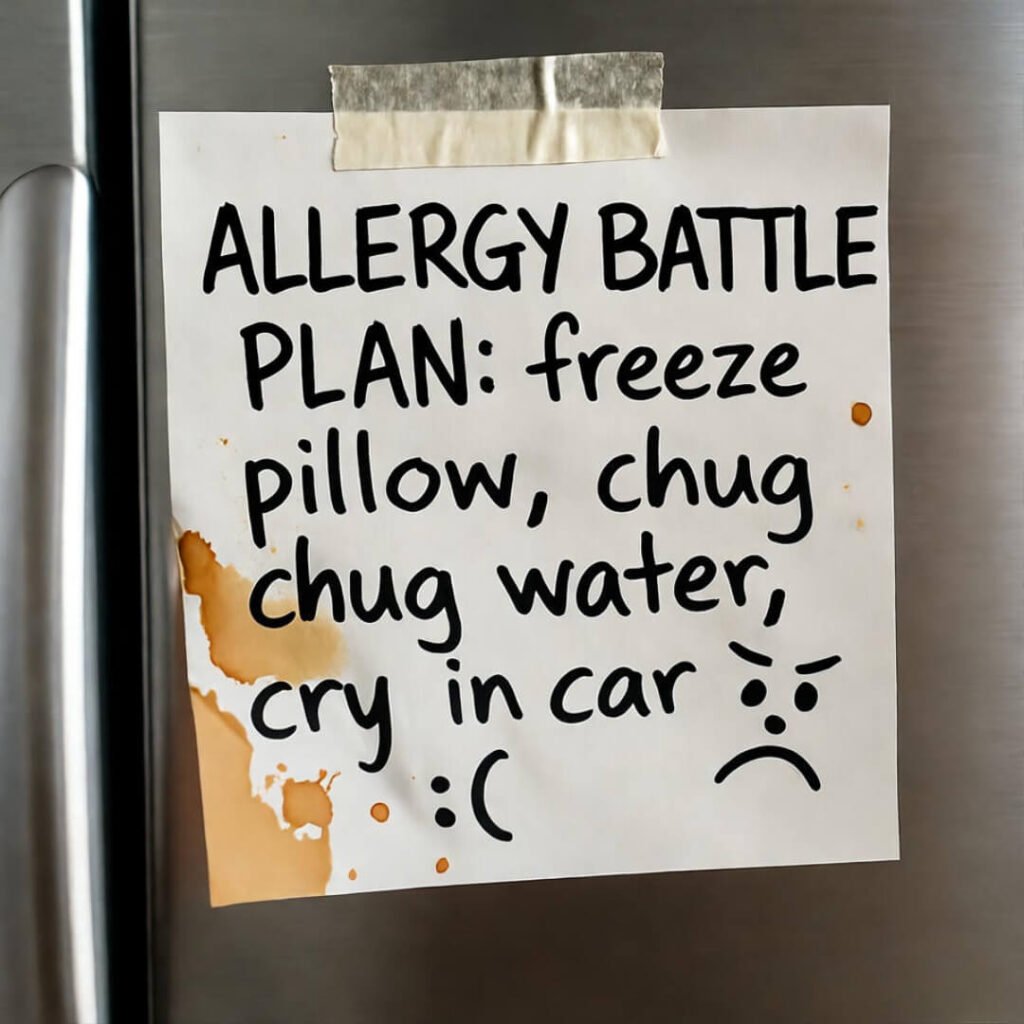 Crinkled sticky note on fridge: "ALLERGY BATTLE PLAN" with coffee stains, sad nose doodle.