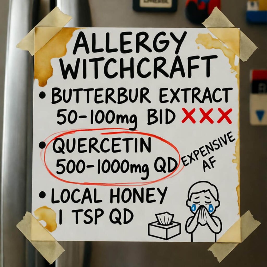 Coffee-stained Post-it on fridge, "ALLERGY WITCHCRAFT" list, doodle of crying person.