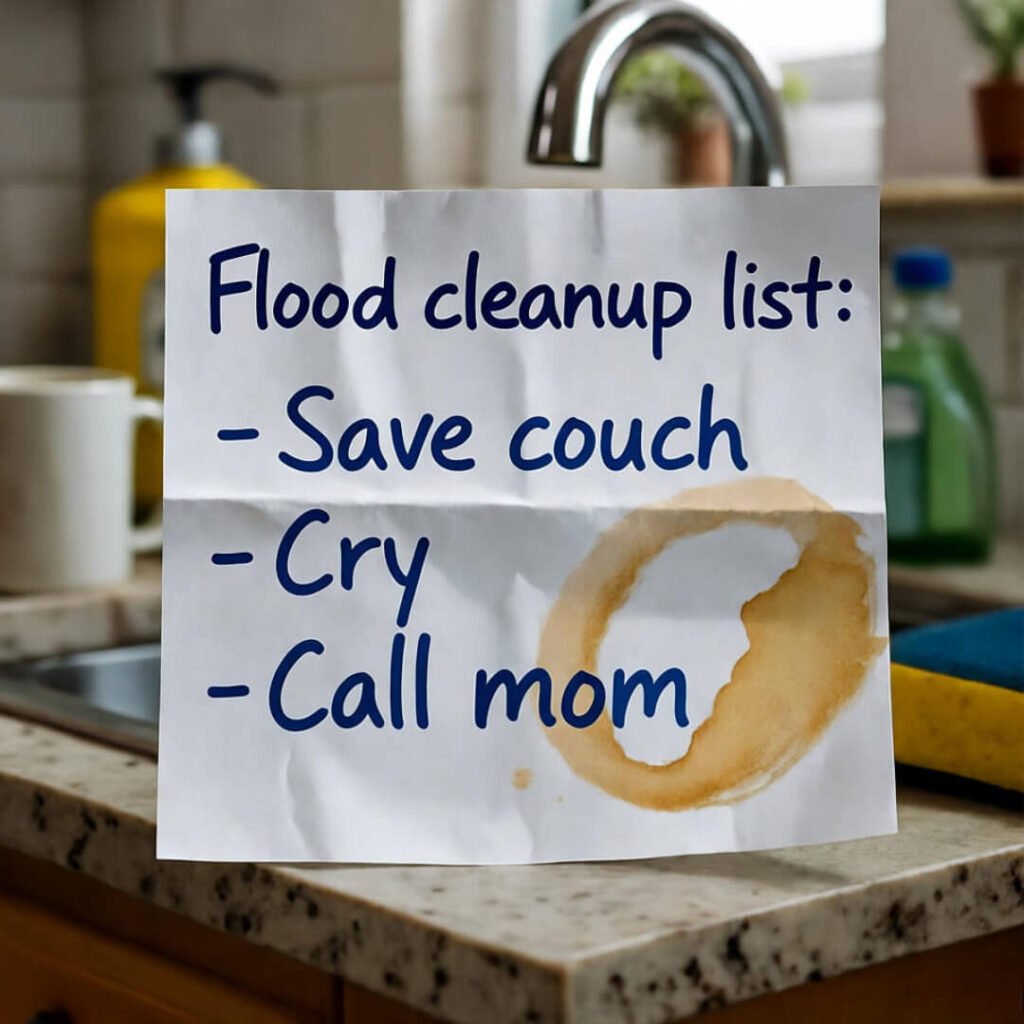 Crumpled sticky note with flood list, coffee stain on messy counter.
