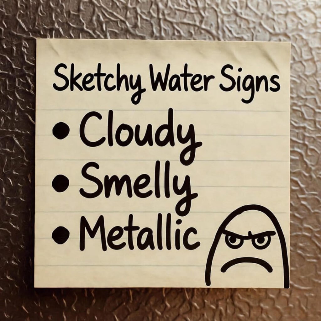 Crumpled sticky note on fridge: "Sketchy Water Signs" - Cloudy, Smelly, Metallic with frowny face.