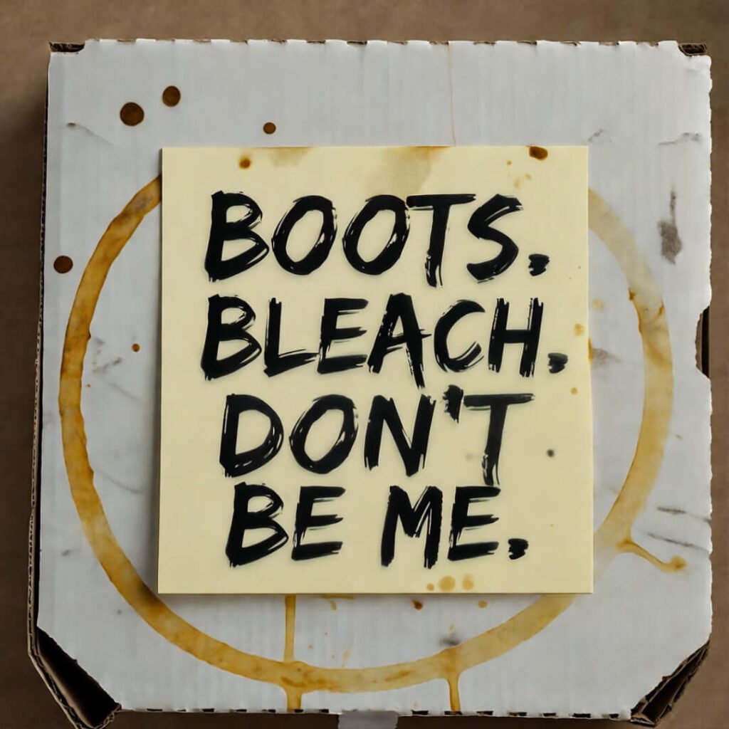 Sticky note on pizza box: "BOOTS. BLEACH. DON’T BE ME." with coffee rings.