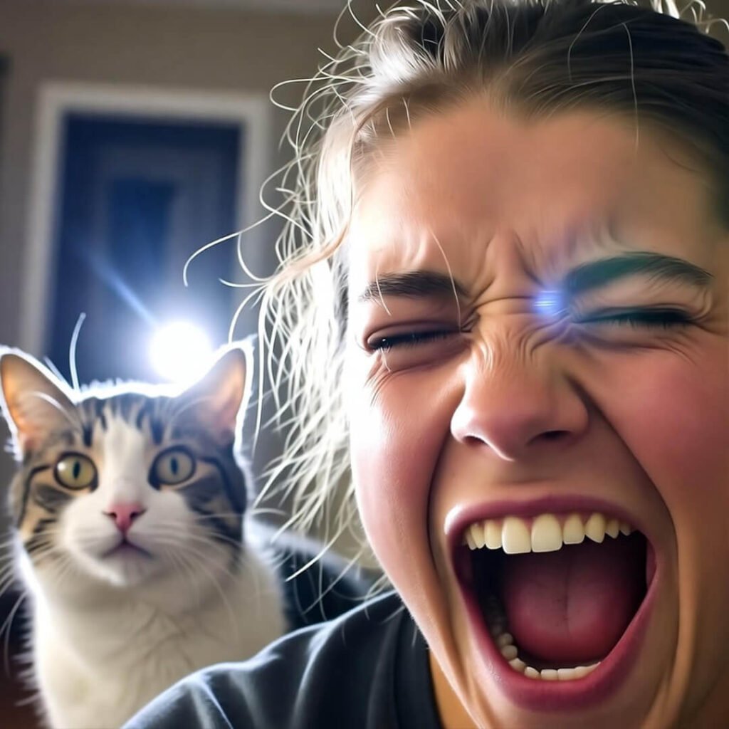 Flash-lit sneeze selfie; judgmental cat photobombs.