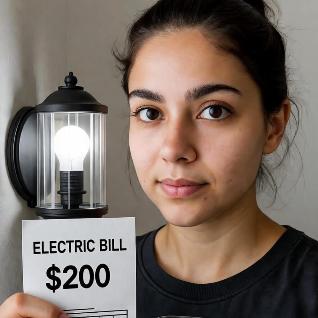 Selfie with $200 electric bill under corpse-like LED porch light.