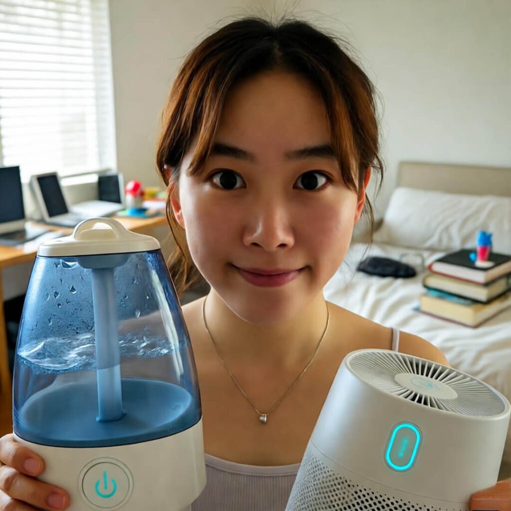 Selfie holding humidifier and purifier like trophies, pleading look, messy bedroom chaos.