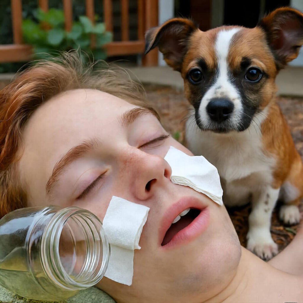Blurry photo of person with tissues on face, empty honey jar, judging dog.