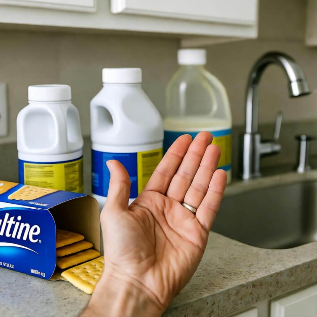 Hand thumbs-up over bleach bottles and soggy Saltines on counter.