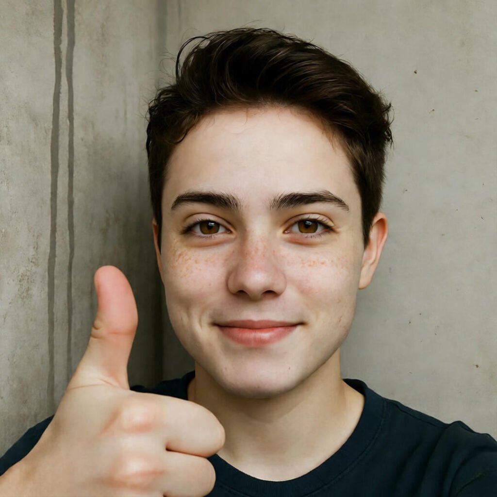 Post-cleanup selfie: smiling person gives thumbs-up before corner with lingering water stains.