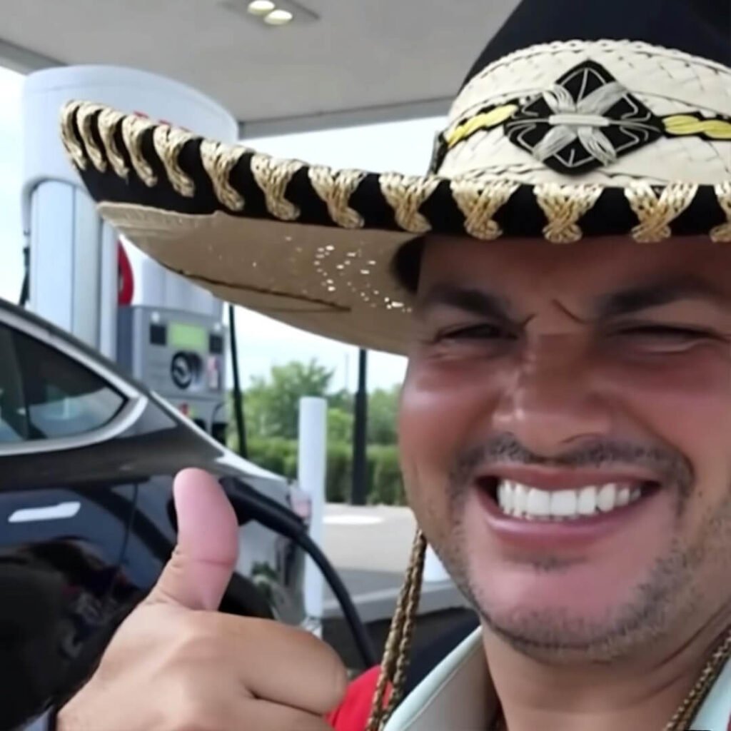 Thumbs-up selfie with charging Tesla, wearing oversized gas station sombrero.