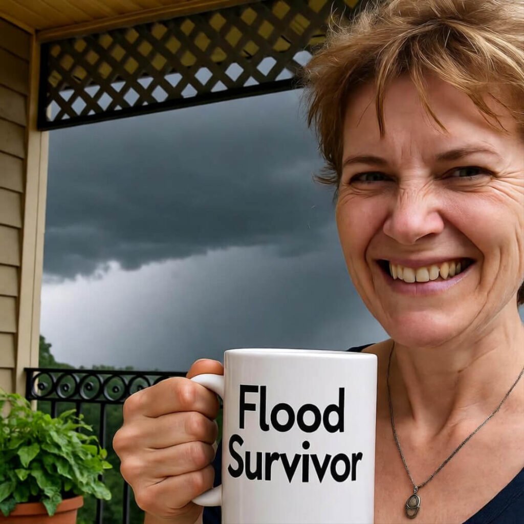 Woman on porch with "Flood Survivor" mug, forced grin, storm clouds behind.