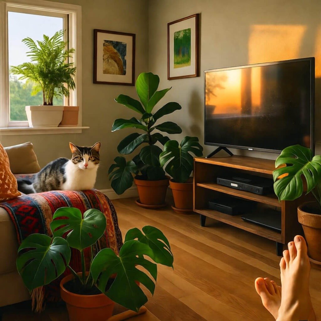 Golden-hour living room: plants everywhere, judging cat, dusty TV, bare feet.