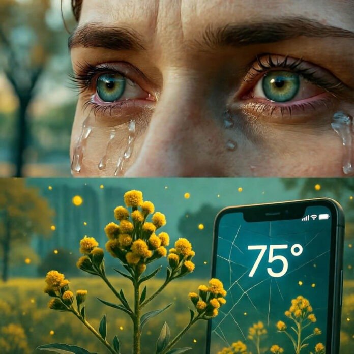 Tearful eyes gaze at ragweed as cracked phone shows 75°F in March. Tearful eyes gaze at ragweed as cracked phone shows 75°F in March.