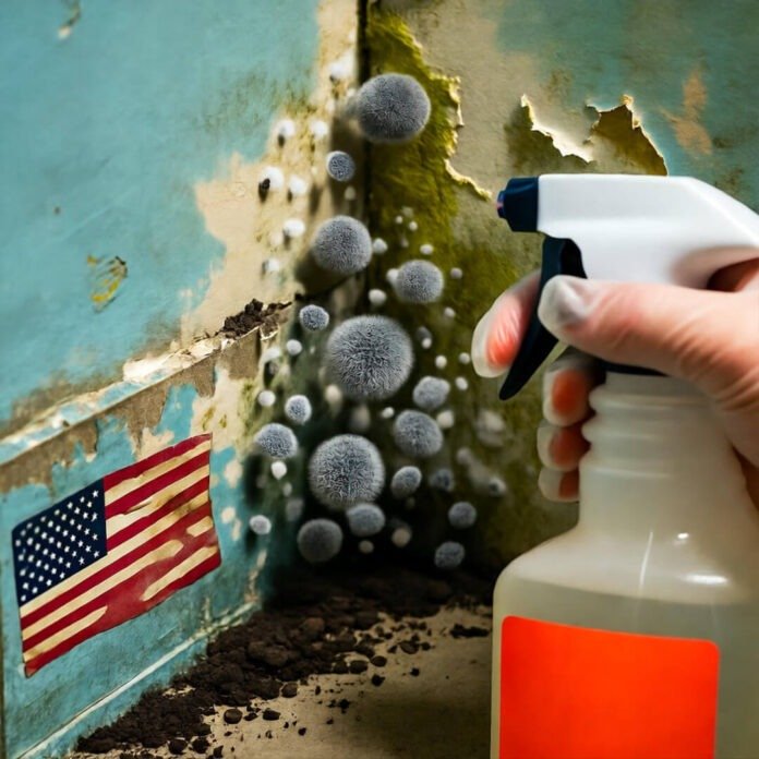 Gloved hand sprays moldy drywall corner with vinegar; flag sticker and coffee grounds below. Gloved hand sprays moldy drywall corner with vinegar; flag sticker and coffee grounds below.