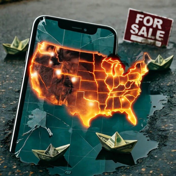 Cracked phone with flood-risk map, dollar origami boats, soggy "For Sale" sign in puddle. Cracked phone with flood-risk map, dollar origami boats, soggy "For Sale" sign in puddle.