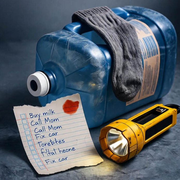 Scratched water jug, torn checklist with pizza stain, dim flashlight, sock, muddy blues and yellow. Scratched water jug, torn checklist with pizza stain, dim flashlight, sock, muddy blues and yellow.