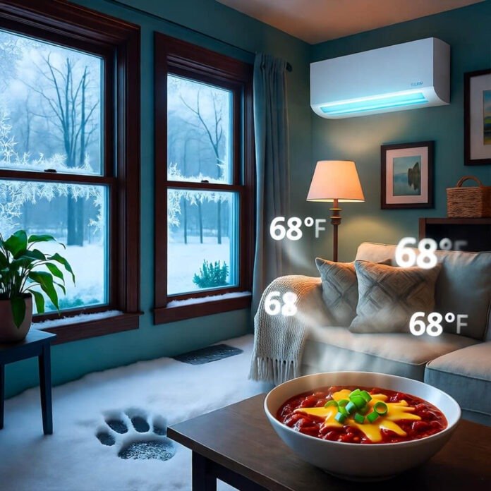 Cozy Midwest room with glowing heat pump, chili bowl, and floating 68°F amid frosty windows. Cozy Midwest room with glowing heat pump, chili bowl, and floating 68°F amid frosty windows.