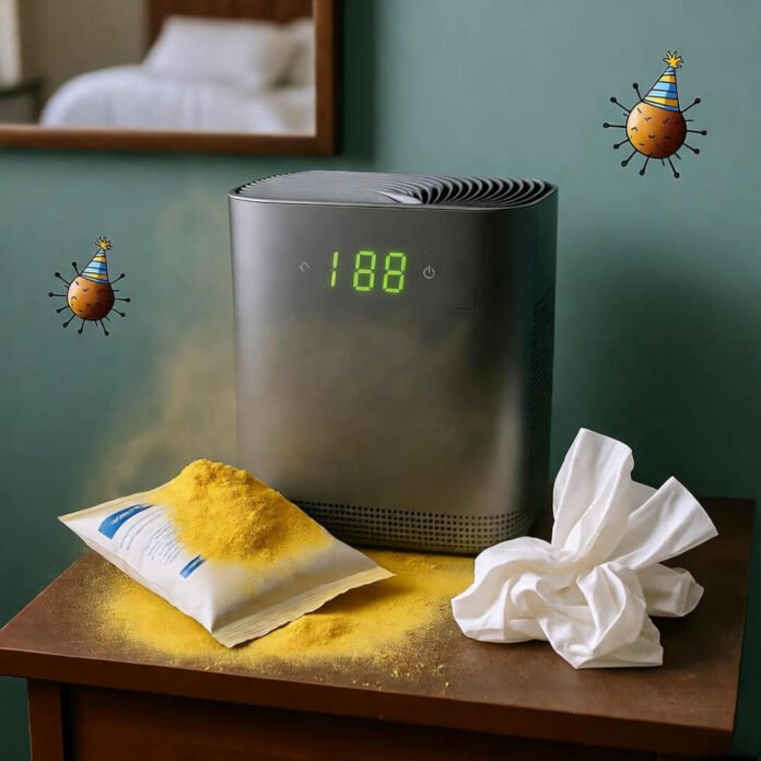 Air purifier battles mustard-yellow pollen amid tissues and partying cartoon allergens. Air purifier battles mustard-yellow pollen amid tissues and partying cartoon allergens.