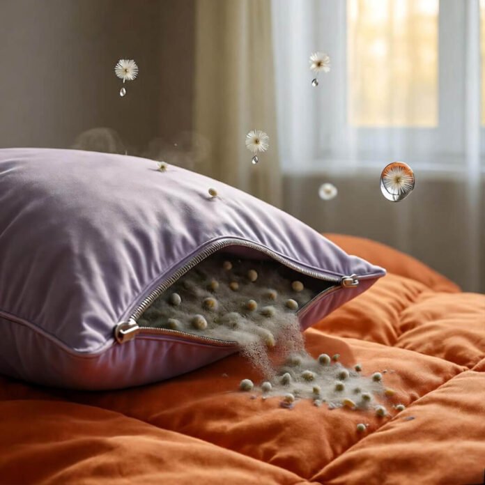 Lavender pillowcase spills dust-mite confetti on orange comforter; pollen droplets float mid-air. Lavender pillowcase spills dust-mite confetti on orange comforter; pollen droplets float mid-air.