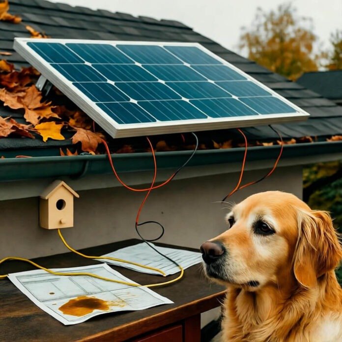 Confused golden retriever eyes dangling solar panel; coffee-stained bill, rogue cord to birdhouse. Confused golden retriever eyes dangling solar panel; coffee-stained bill, rogue cord to birdhouse.