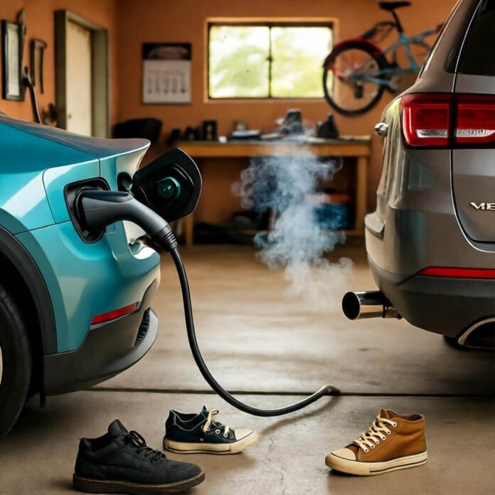 EV charging in dusty garage with exhaust-spewing SUV, dog sniffing cable, scattered sneakers. EV charging in dusty garage with exhaust-spewing SUV, dog sniffing cable, scattered sneakers.