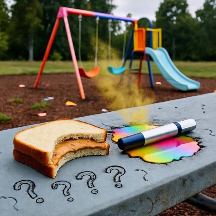 Half-eaten peanut butter sandwich and EpiPen in melted popsicle puddle, pollen drifts, scratched question marks. Half-eaten peanut butter sandwich and EpiPen in melted popsicle puddle, pollen drifts, scratched question marks.