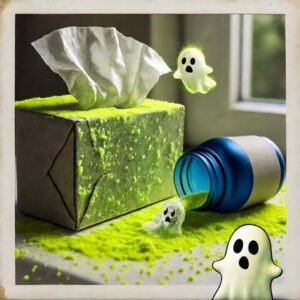 Pollen-dusted tissue box and tipped allergy meds with ghost sneezes escaping. Pollen-dusted tissue box and tipped allergy meds with ghost sneezes escaping.