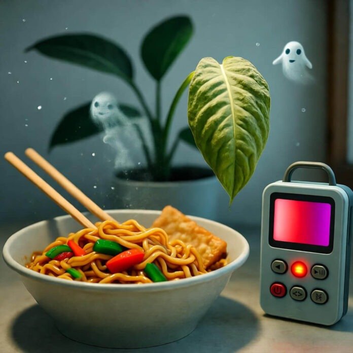 Half-eaten lo mein, wilting plant, red-flashing air monitor, ghost dust bunnies. Half-eaten lo mein, wilting plant, red-flashing air monitor, ghost dust bunnies.