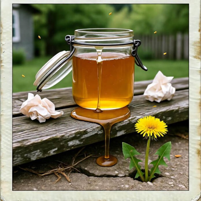 Honey drips from mason jar beside tissues and dandelion, pollen flipping tiny middle fingers. Honey drips from mason jar beside tissues and dandelion, pollen flipping tiny middle fingers.