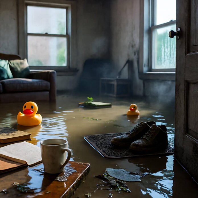 Flooded living room with coffee mug, muddy sneakers, rubber duck, hopeful sunlight. Flooded living room with coffee mug, muddy sneakers, rubber duck, hopeful sunlight.