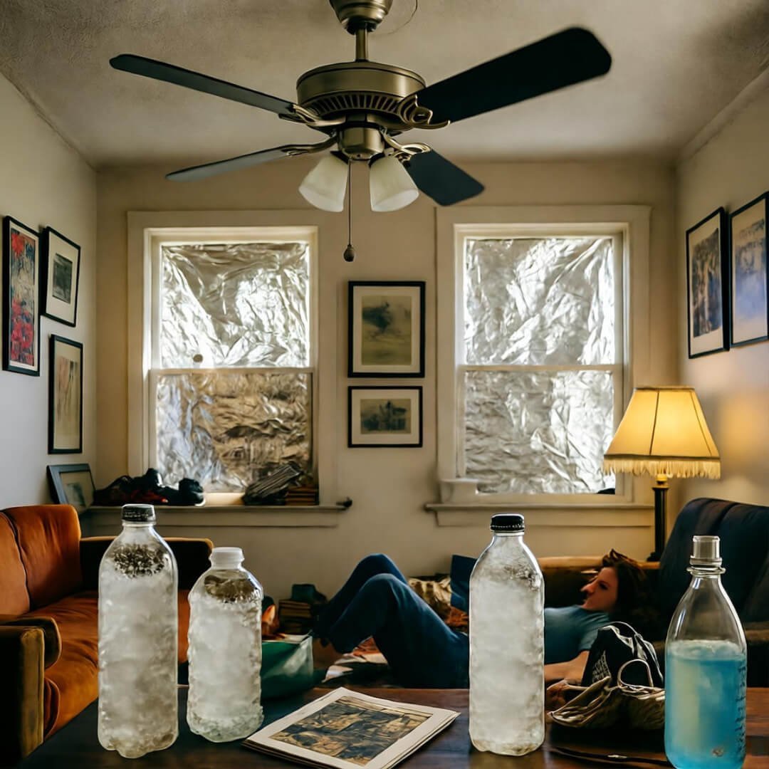 Heat Wave Survival Guide: How to Stay Cool Without AC My chaotic heat wave survival setup with frozen bottles and foil windows, vintage vibe