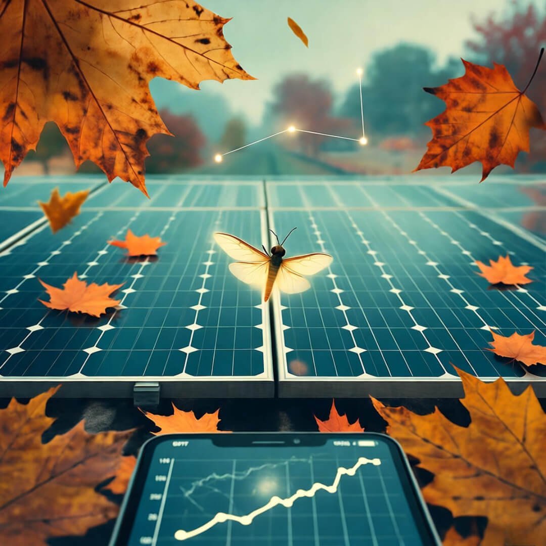 7 Climate Change Breakthroughs You Didn’t Hear About This Year Solar panels with autumn leaves, glowing firefly, cracked phone showing carbon graph.