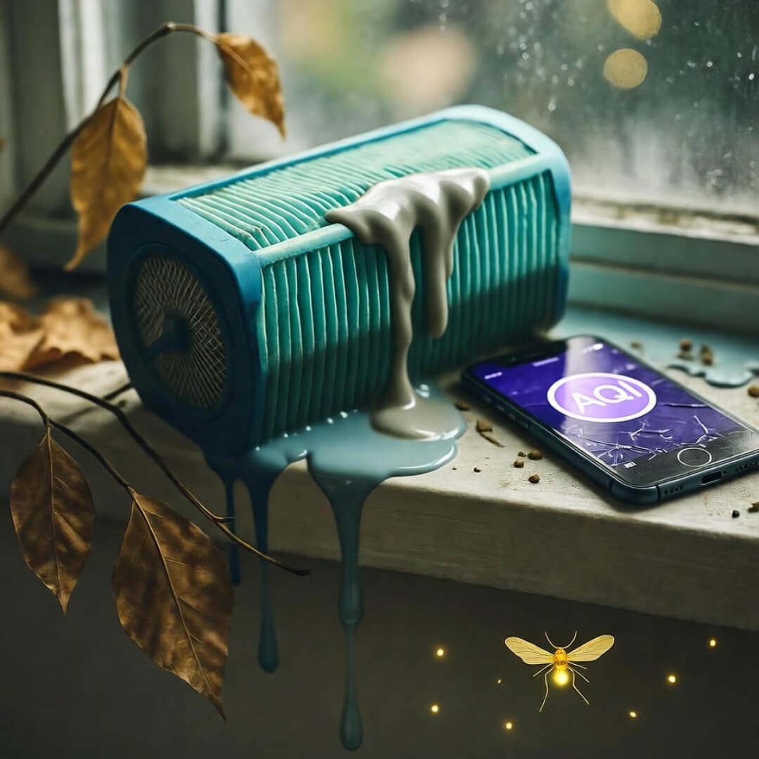 Poor Air Quality Is Making You Sick — Here’s the Proof Melted HEPA filter drips sludge beside cracked phone showing purple AQI alert.