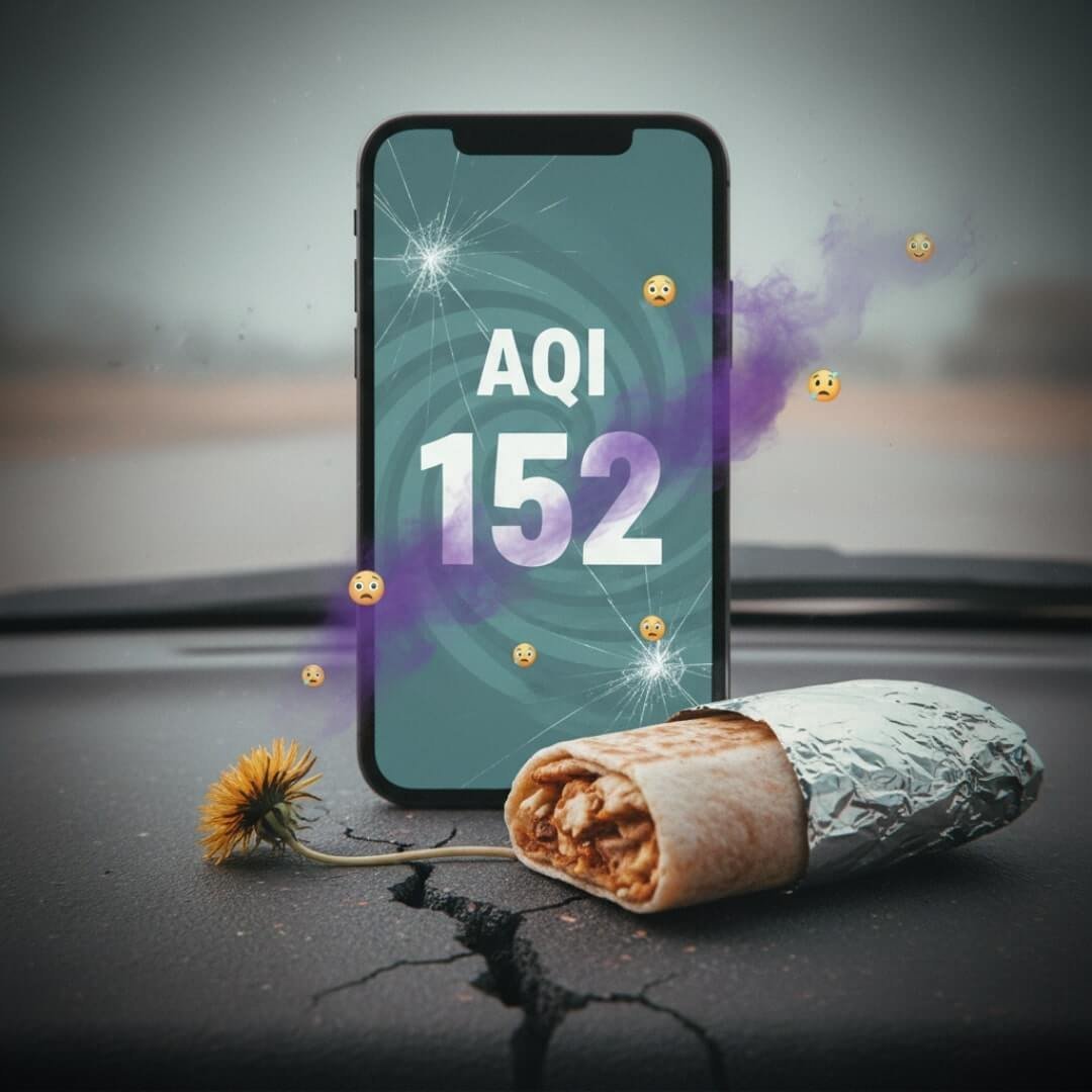 AQI Near You: What Those Colors Actually Mean Cracked phone showing AQI 152, burrito, and dandelion on a dashboard.